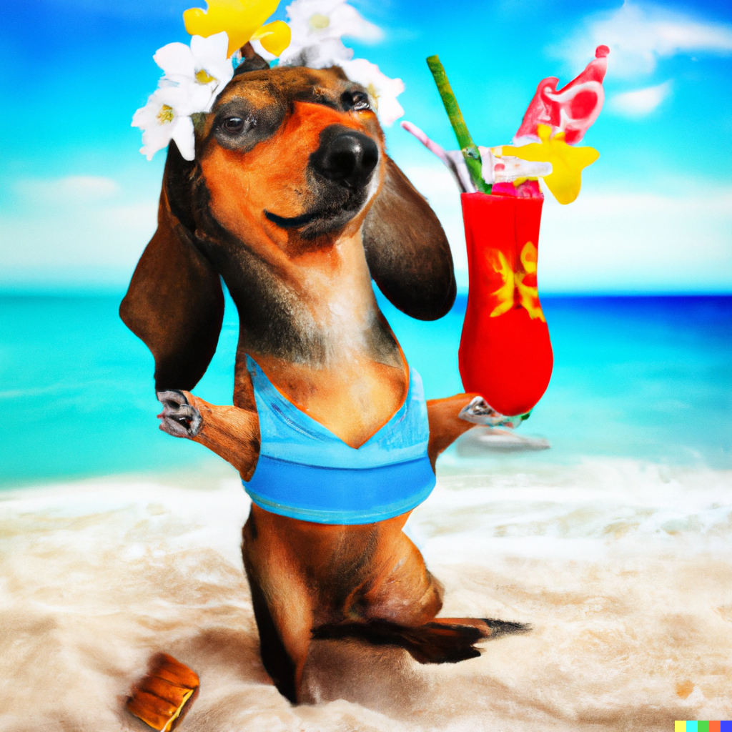 Variation of Dachshund in a hammock in a bikini on a beach with a cocktail