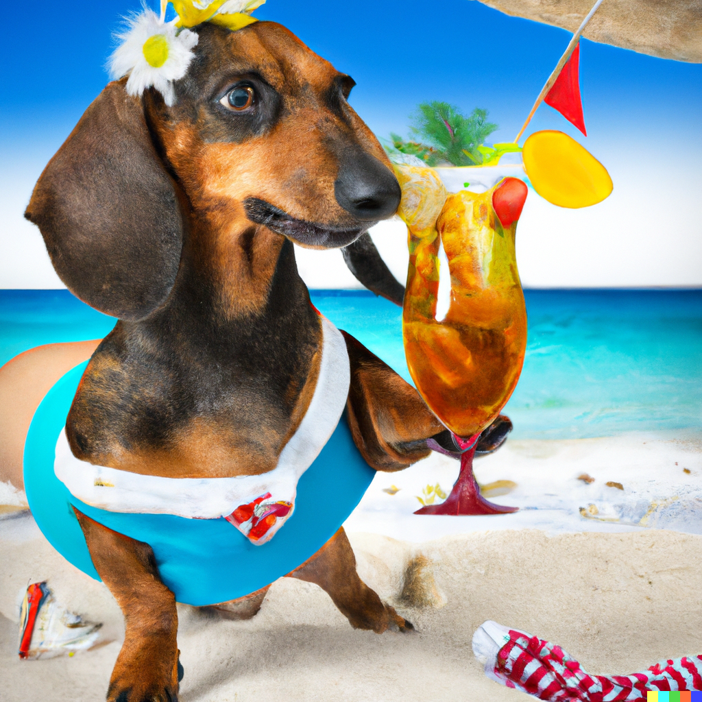 Dachshund in a bikini on a beach with a cocktail