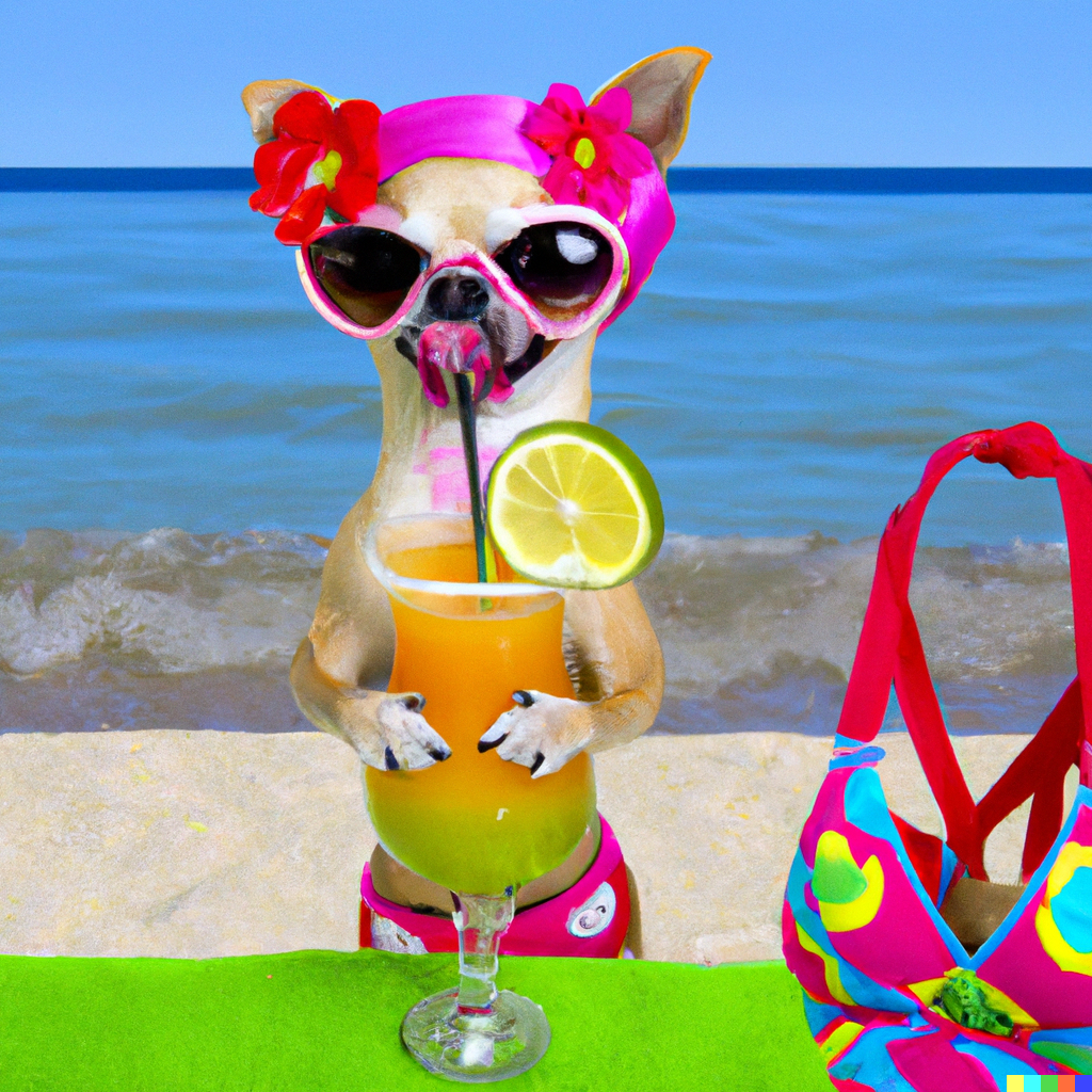 Dog in a bikini on a beach with a cocktail
