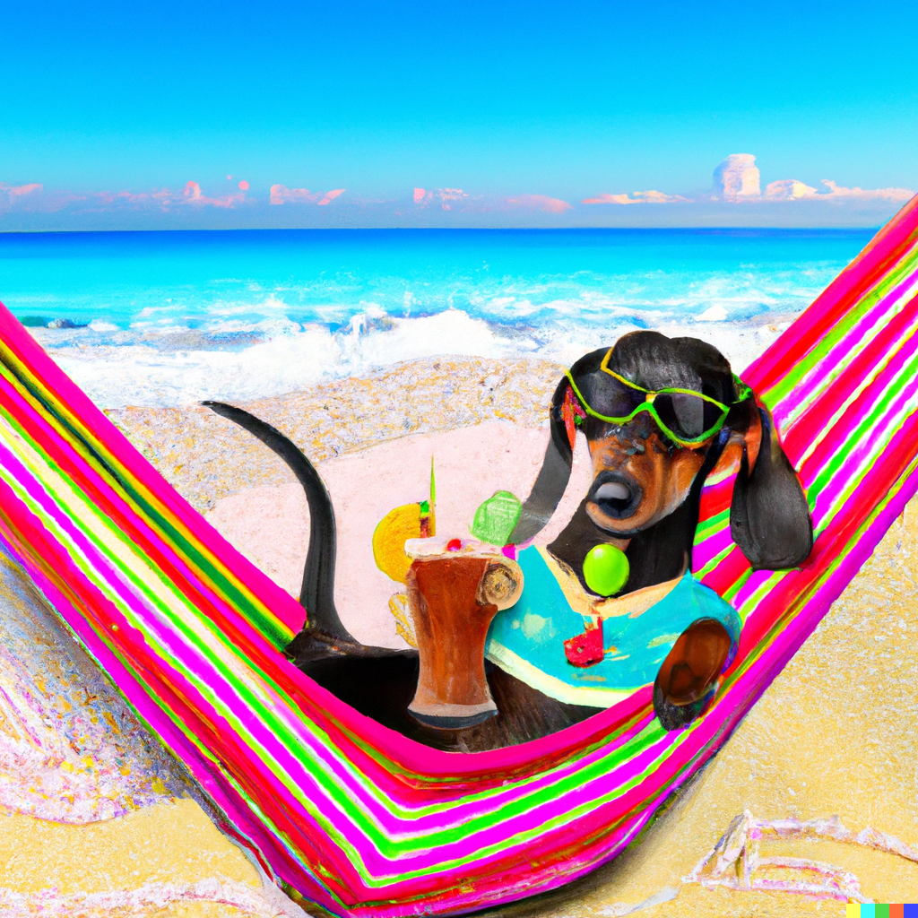 Dachshund in a hammock in a bikini on a beach with a cocktail